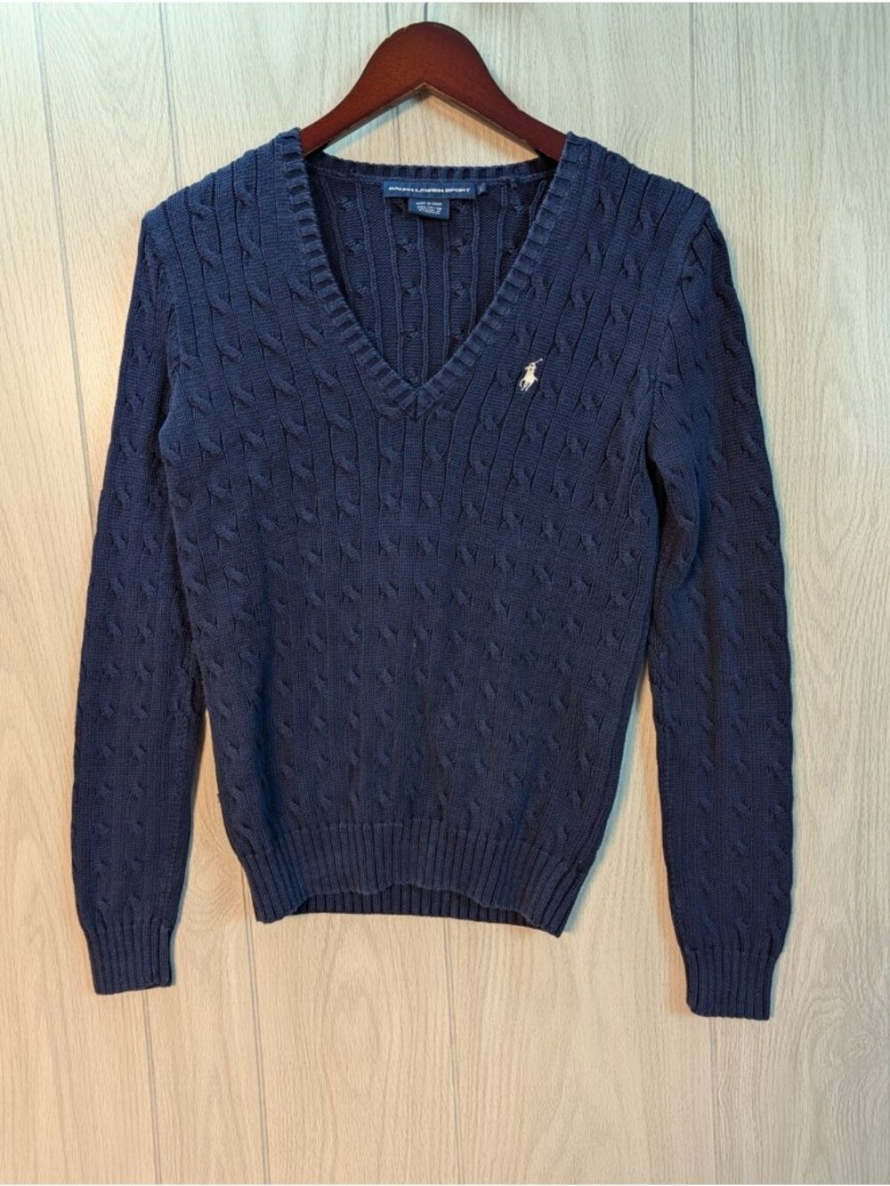 Ralph Lauren Sport Sweater Womens Large Blue Cable Knit V Neck Cotton Pullover